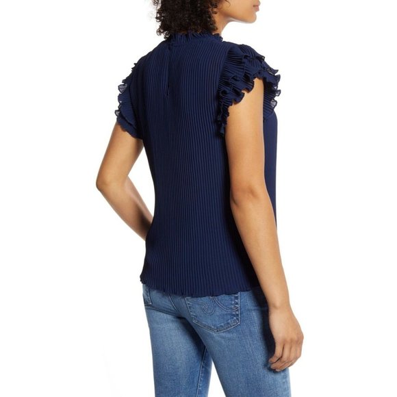 Gibson X Glam Steph Taylor Jackson Blouse Pleated Chiffon Ruffle Sleeve Blue - Picture 6 of 12